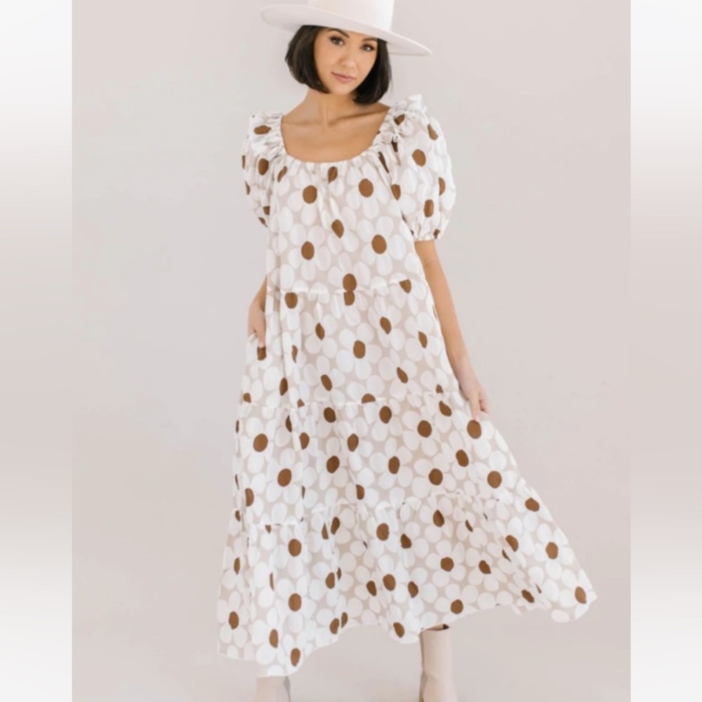 Anthropologie Jacqui E The Label NEW Ruffled Puff Sleeve Tiered Maxi Dress Sz M